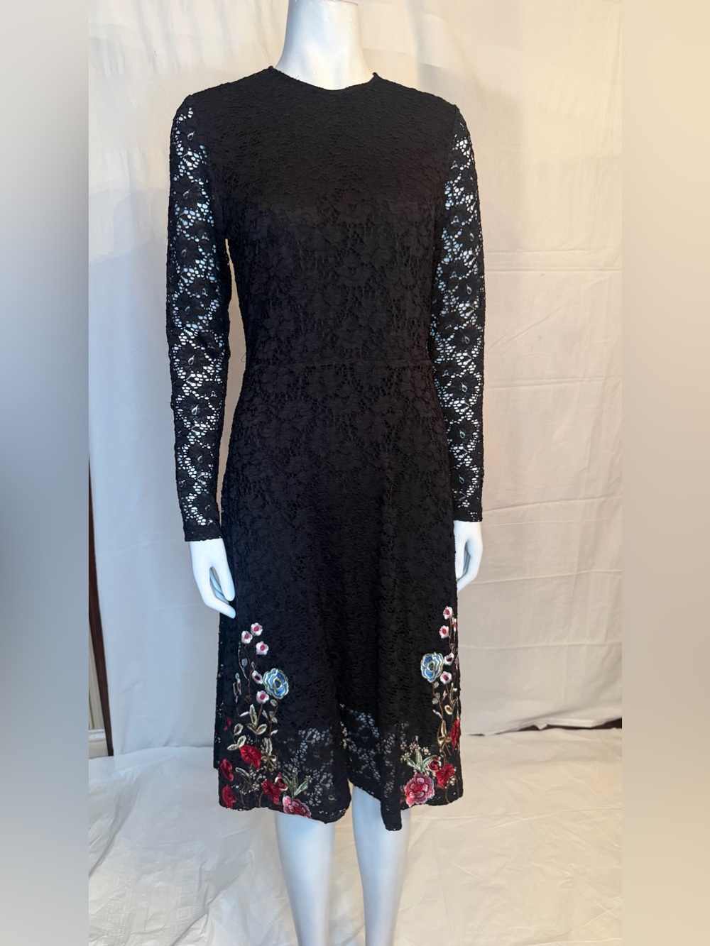 Desigual Black Lace Long-Sleeve Midi Dress with Floral Embroidery